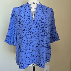 Ellie Kai Silk Top Womens S Blue 3/4 Sleeve Ruffle Lightweight